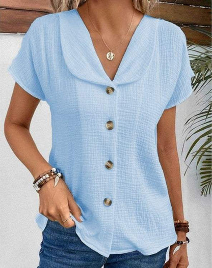 Blouse - Elegant - Knoopsluiting, Korte Mouwen - Perfect voor Zomerse Dagen