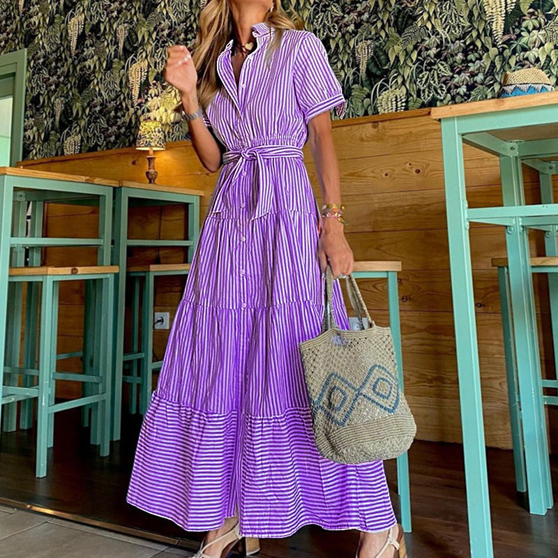 Fashion Gestreepte Mouwen Losse Midi Dress Korte Broek