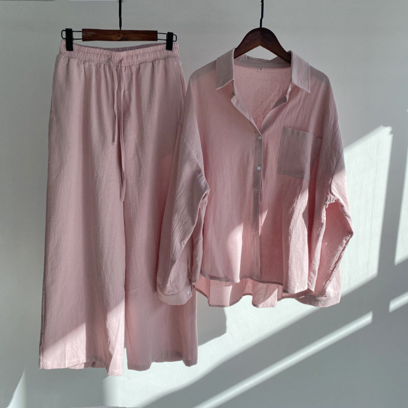Shirt en broek met hoge taille in katoen en linnen