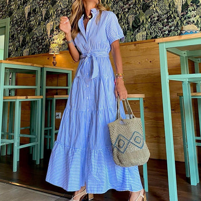 Fashion Gestreepte Mouwen Losse Midi Dress Korte Broek