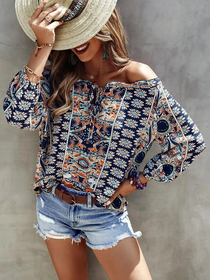 Bohemian bloemenprint shirt met ruches op de schouders