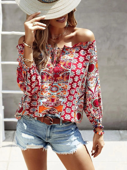 Bohemian bloemenprint shirt met ruches op de schouders