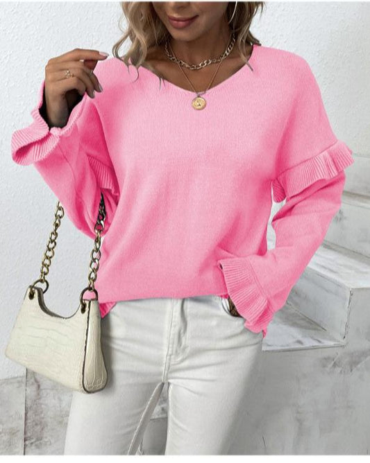 Sweater met bloemblaadjesmouwen en V-hals - Effen kleuren