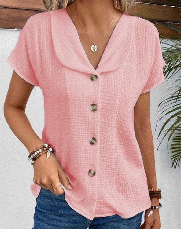 Blouse - Elegant - Knoopsluiting, Korte Mouwen - Perfect voor Zomerse Dagen