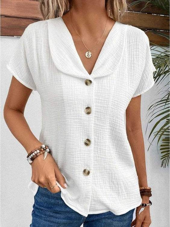 Blouse - Elegant - Knoopsluiting, Korte Mouwen - Perfect voor Zomerse Dagen