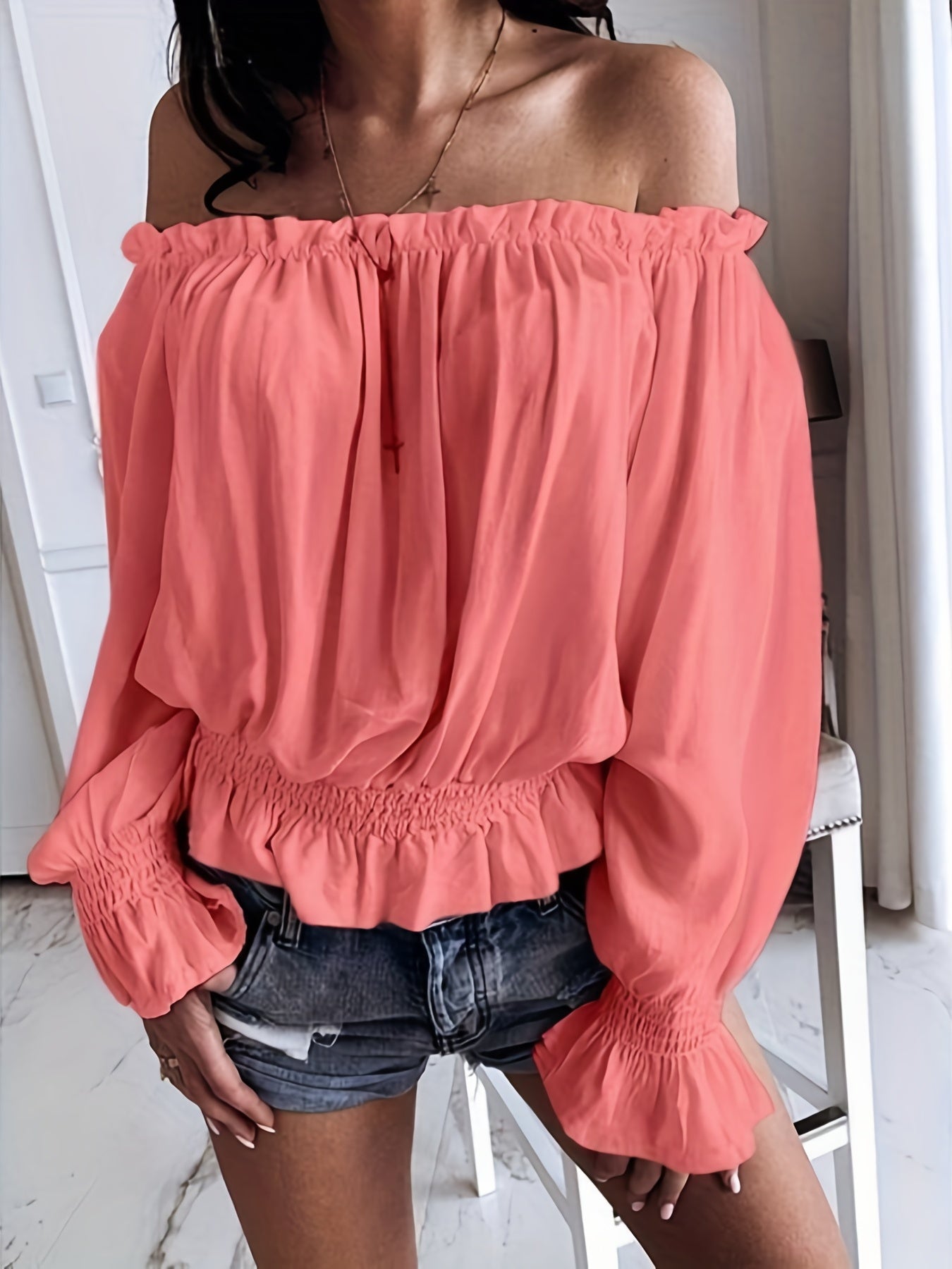Off-Shoulder Top - Lange Mouwen & Rimpel Onderzijde Design