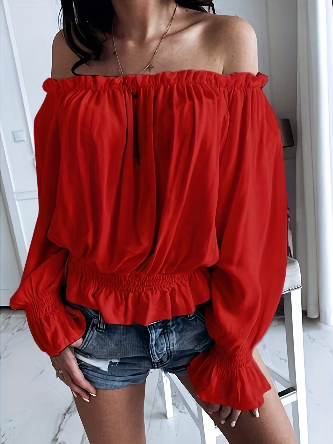 Off-Shoulder Top - Lange Mouwen & Rimpel Onderzijde Design
