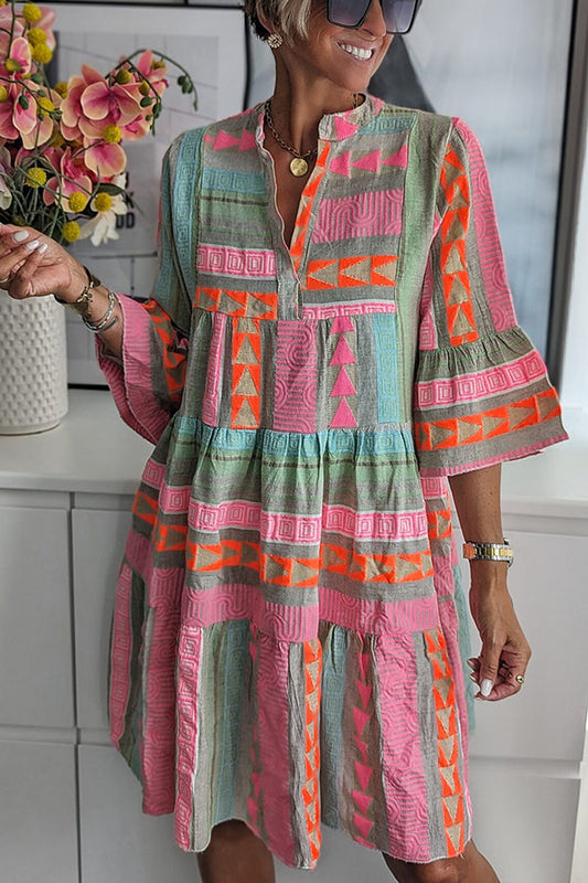 Pham Linnen Blend Kleurrijke Babydoll Minijurk met Etnische Print en Klokmouwen: