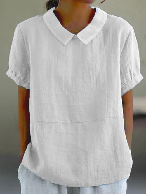 Luchtige linnen damesblouse korte mouw met pofkraag