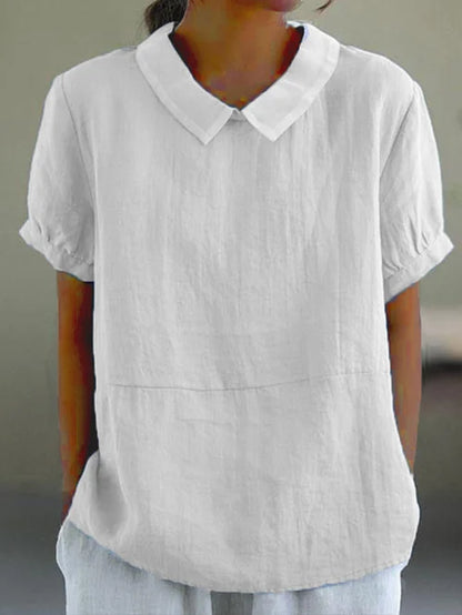 Luchtige linnen damesblouse korte mouw met pofkraag