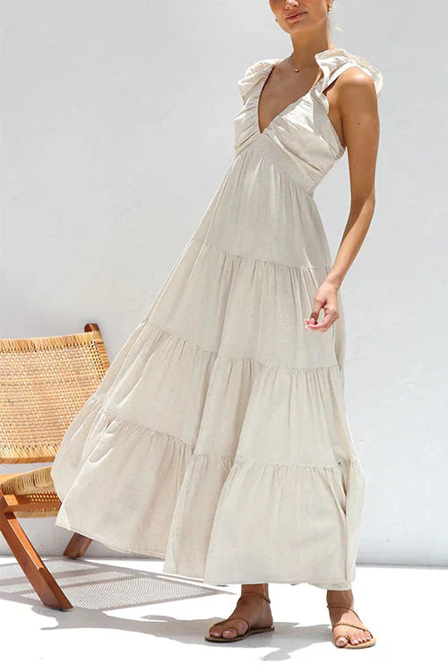 Rosalyn Mouwloze maxi jurk met Vhals en ruches