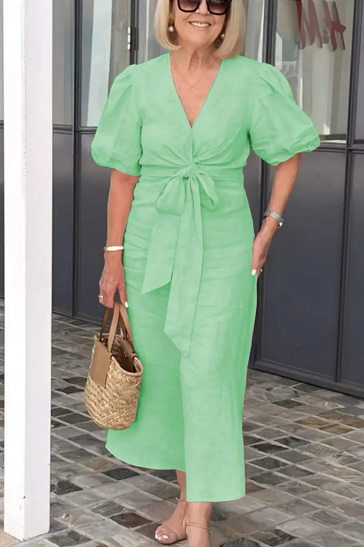 Rowen Katoenen jurk met Vhals en pofmouwen