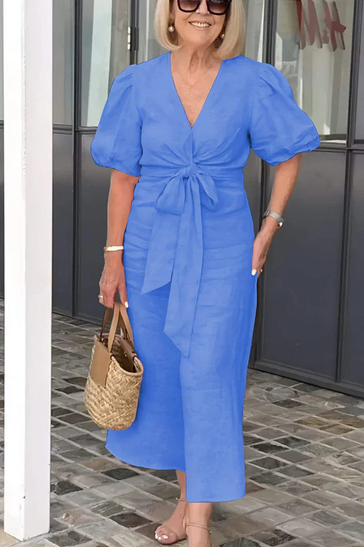 Rowen Katoenen jurk met Vhals en pofmouwen