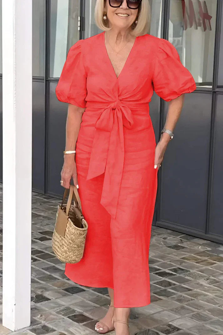 Rowen Katoenen jurk met Vhals en pofmouwen