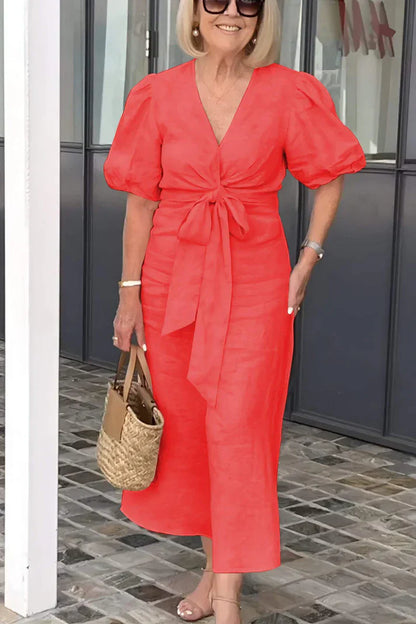 Rowen Katoenen jurk met Vhals en pofmouwen