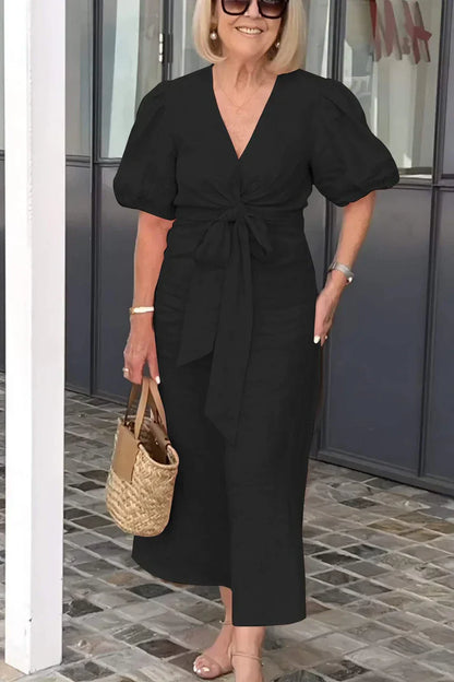 Rowen Katoenen jurk met Vhals en pofmouwen