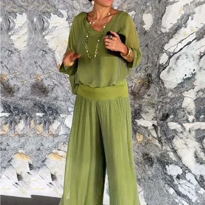 Elegante chiffon top met broek tweedelige set