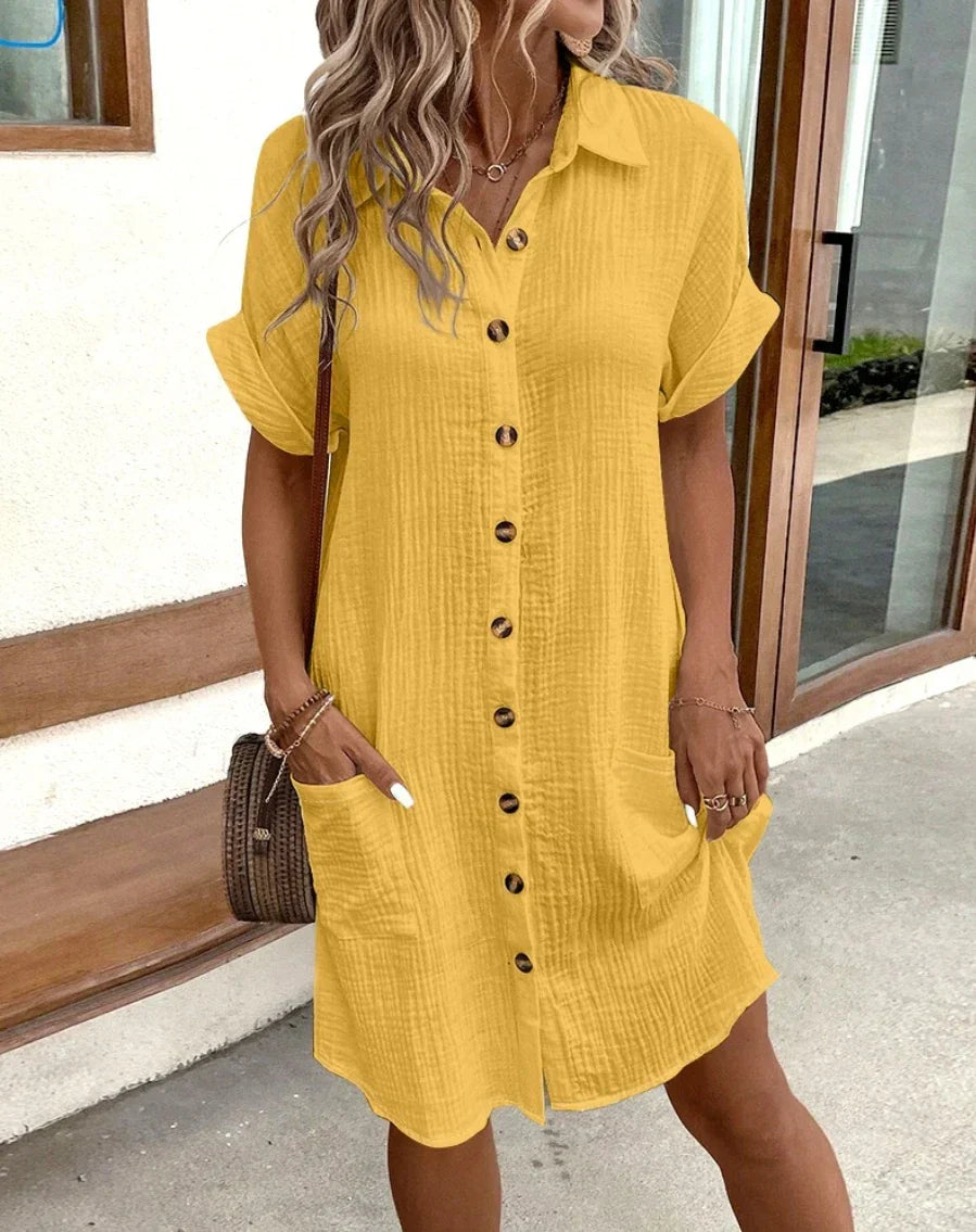 CM | Vintage Vrouwen Effen Mini Jurk Zomer Mode V-Hals Drie Mouwen Katoenen Linnen Jurk Dames Casual Vakantie Vestidos