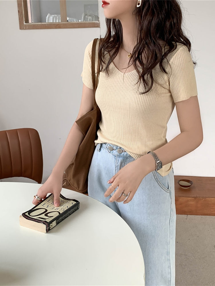 Zomer V-Hals Geribd Slim Fit T-Shirt | Korte Mouw Gebreide Pullover