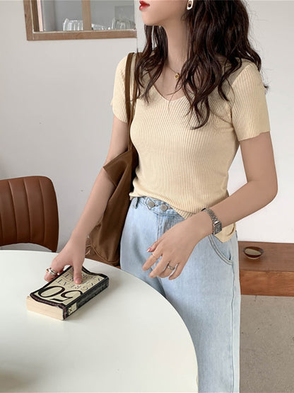 Zomer V-Hals Geribd Slim Fit T-Shirt | Korte Mouw Gebreide Pullover