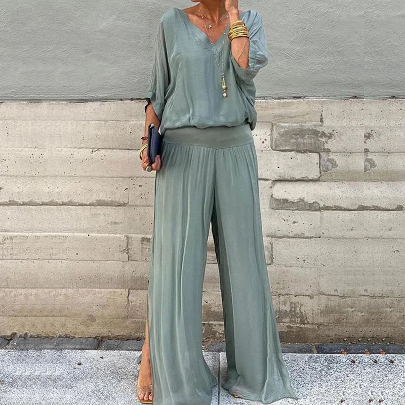 Elegante chiffon top met broek tweedelige set