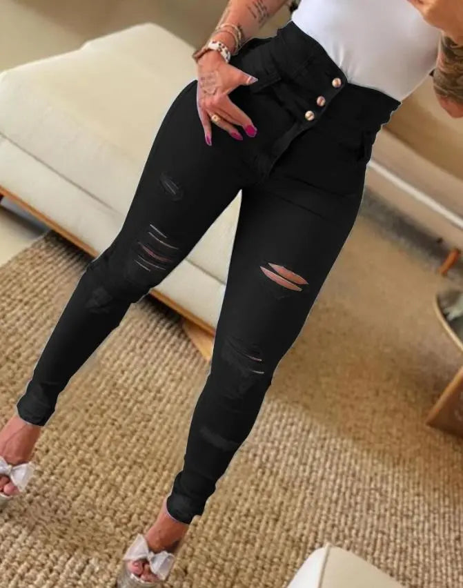 Damesjeans met hoge taille en gescheurde jeans Sback