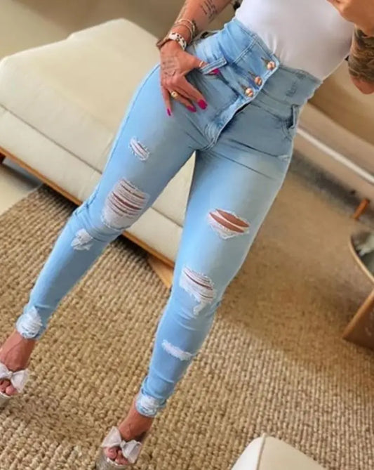 Damesjeans met hoge taille en gescheurde jeans Sback