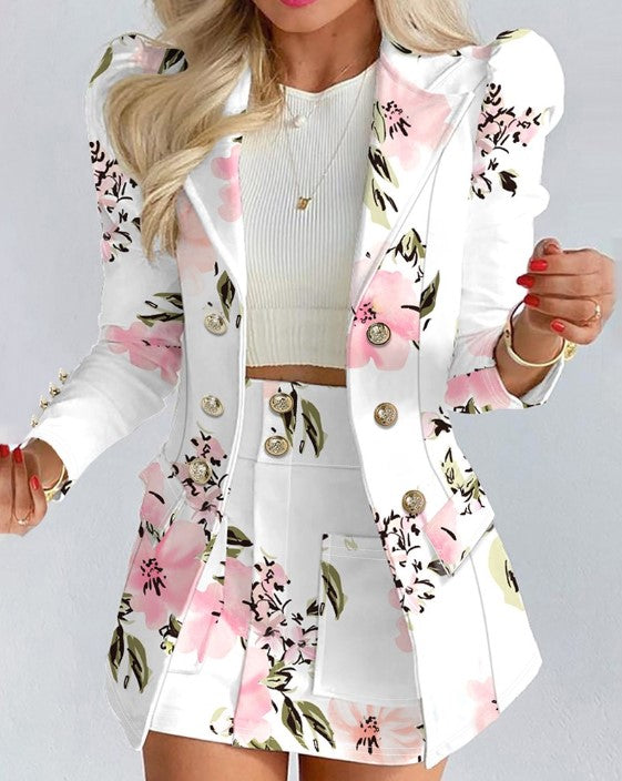 Abigail - double-breasted blazer met bloemenprint en pofmouwen