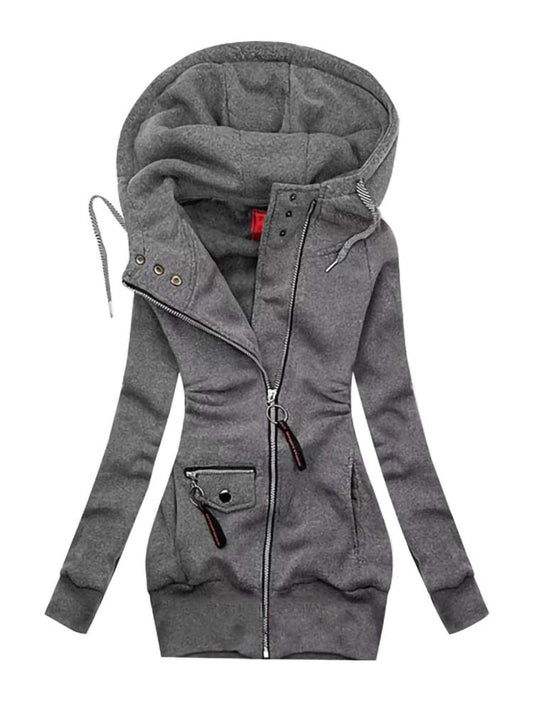 Vrouwen Mode Slimme Jas Met Capuchon | Lange Mouw Trekkoord Jas Rits Bovenkleding