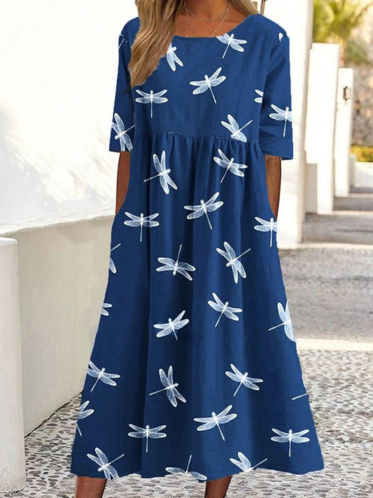 Sophine Ronde jurk met korte mouwen en libellenprint
