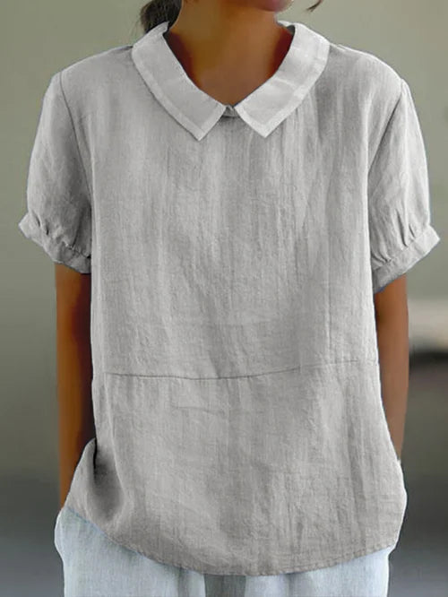 Luchtige linnen damesblouse korte mouw met pofkraag