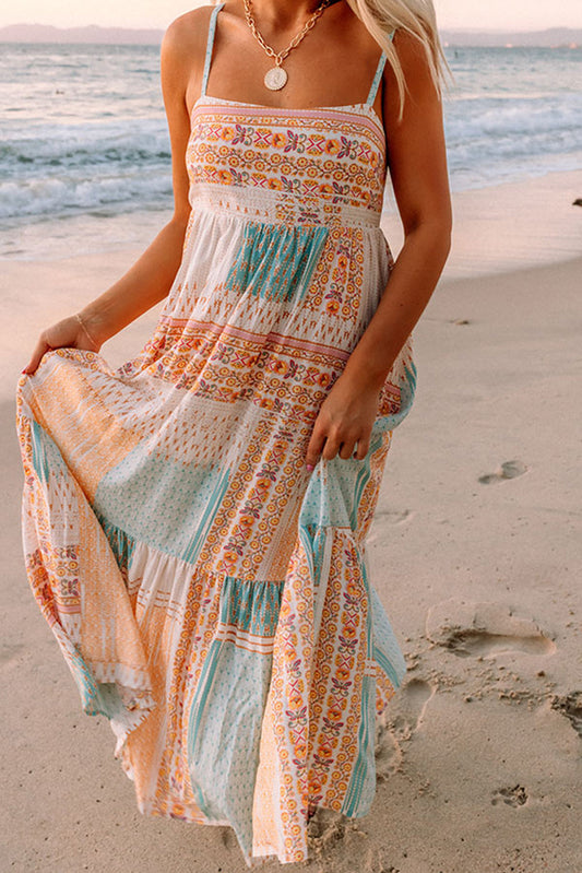 Tinsley Boheemse strapless jurk met vierkante hals en veelkleurige patchworkprint