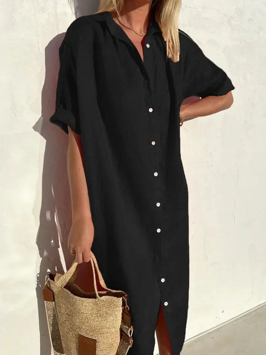 Tori Elegante casual jurk voor dames met volle mouwen en knopen Katoenen en linnen jurk