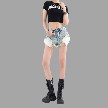Lunaa - Gewassen denim shorts met franje details