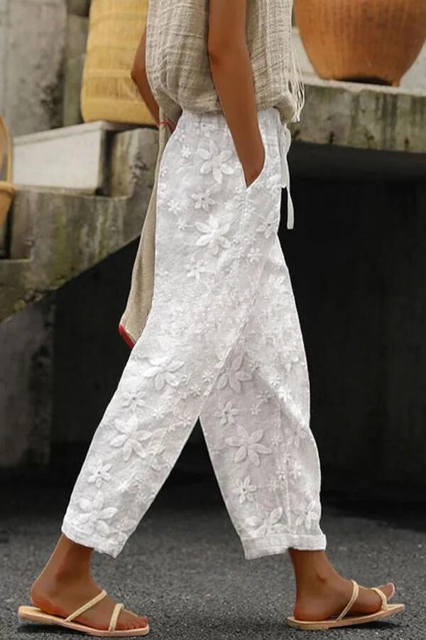 Broek met patchwork bloemenpatroon, zak en elastische tailleband