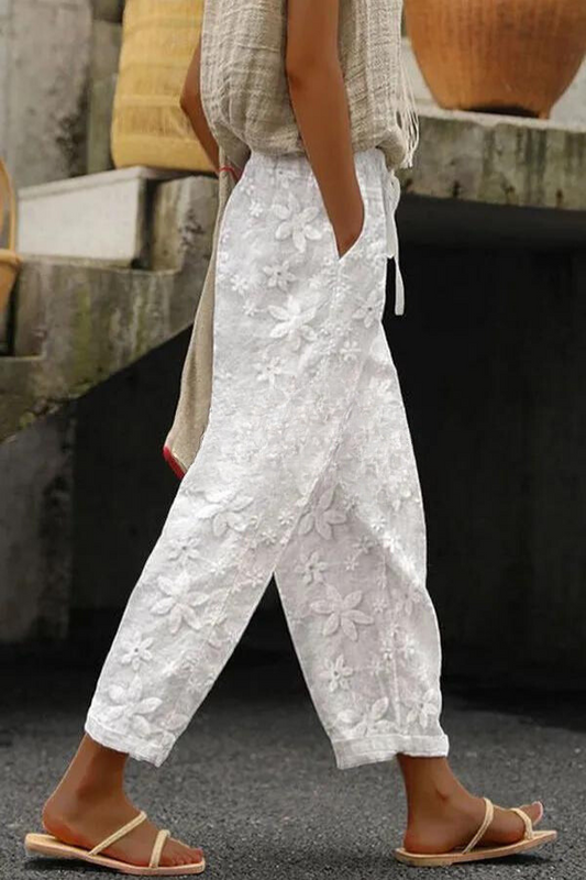 Broek met patchwork bloemenpatroon, zak en elastische tailleband