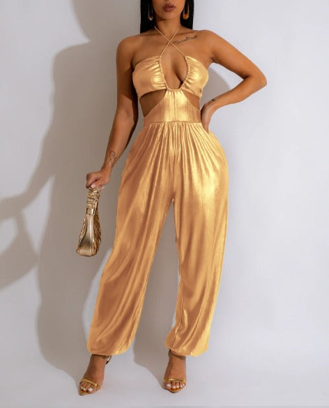 Charlotte - Gouden jumpsuit met uitsnijdingen