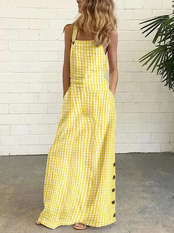 Zora Mouwloze maxi jurk met knopen en geruite zakken