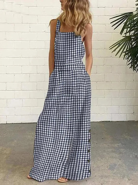 Zora Mouwloze maxi jurk met knopen en geruite zakken