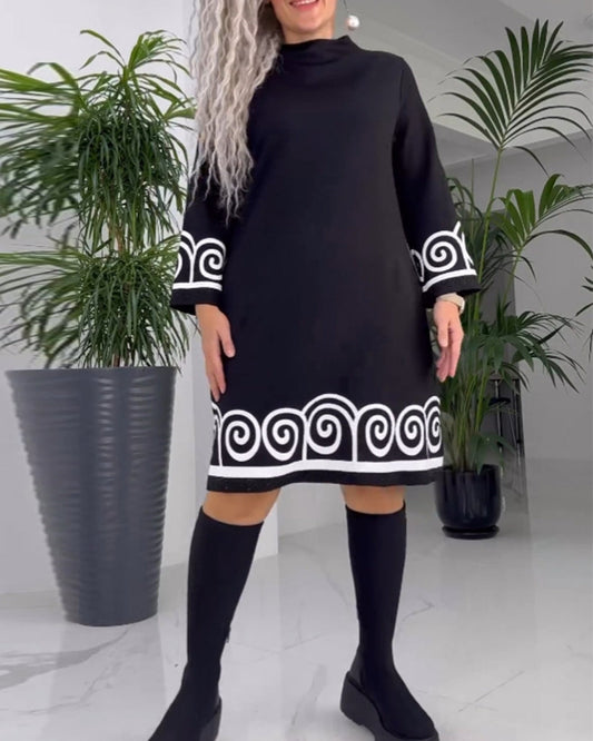 A-lijn Jurk - Eenvoudig - Bedrukt, 5% Spandex, 95% Polyester - Perfect voor Herfst en Winter