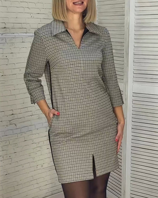 A-lijn Jurk - Eenvoudig - Bedrukt Katoenmix met V-hals en Split - Perfect voor Herfst en Winter