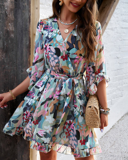 A-lijn Jurk - Elegant - Chiffon met Bloemmotief - Perfect voor Lente en Zomer