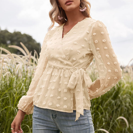 Anita Vrouwen V-hals Jacquard Kant Voorjaarsblouse