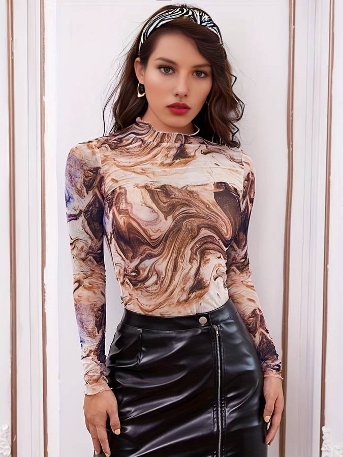 Tesslyn Top | Marble Mesh Top met lange mouwen