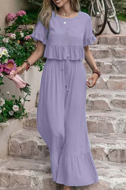 Casual losse eenkleurige broek met korte mouwen en wijde pijpen tweedelige set