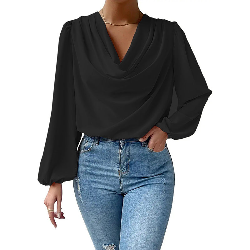 Lea - Blouse Élégante Femme en Chiffon à Col Bénitier et Manches Longues