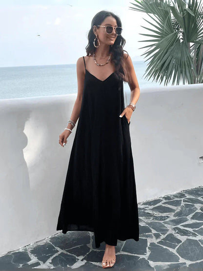 V-hals Losse taille Mouwloze jurk Effen