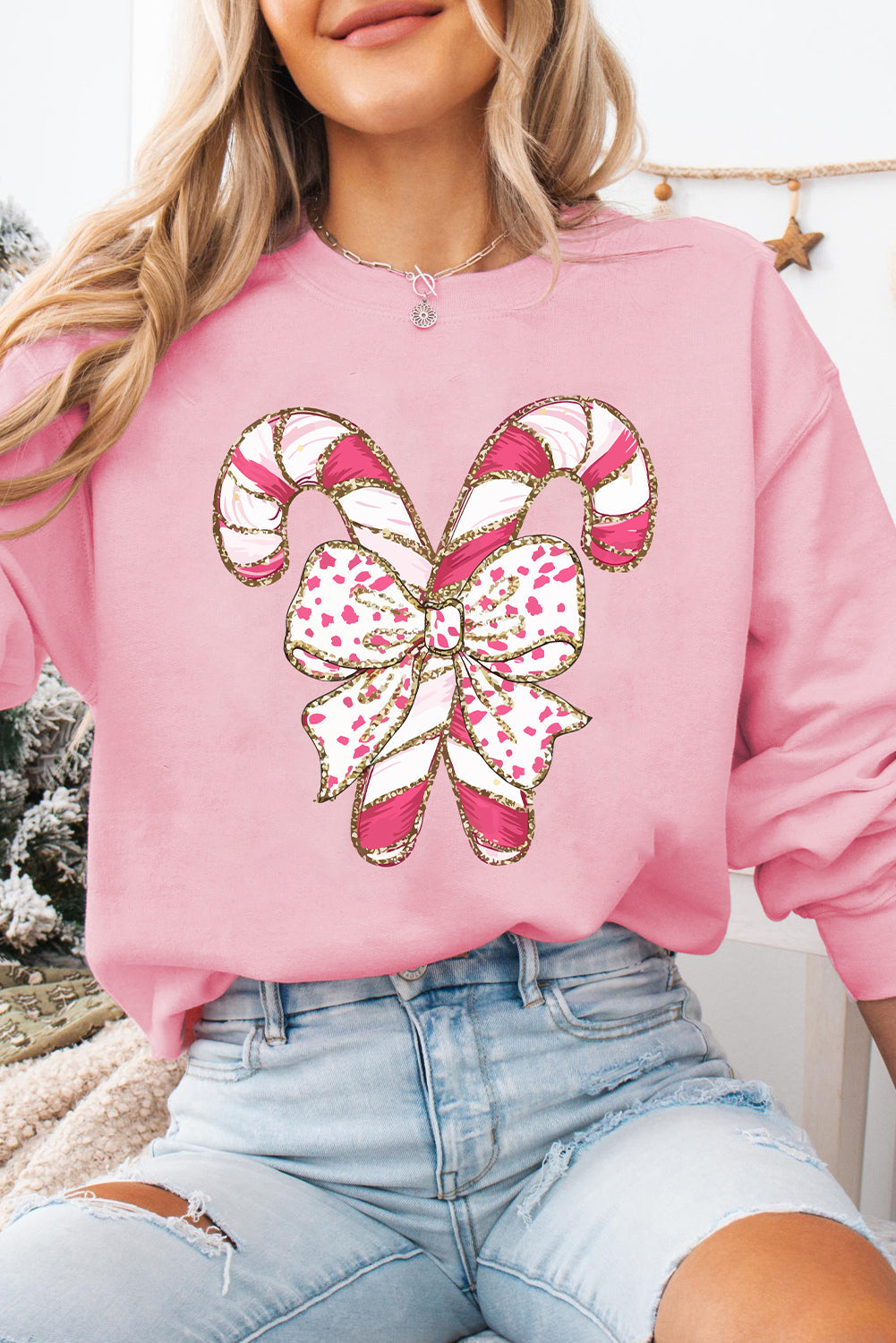 Sharon | Sweatshirt Met Hangende Schouders, Kerstgrafiek En Roze Lint