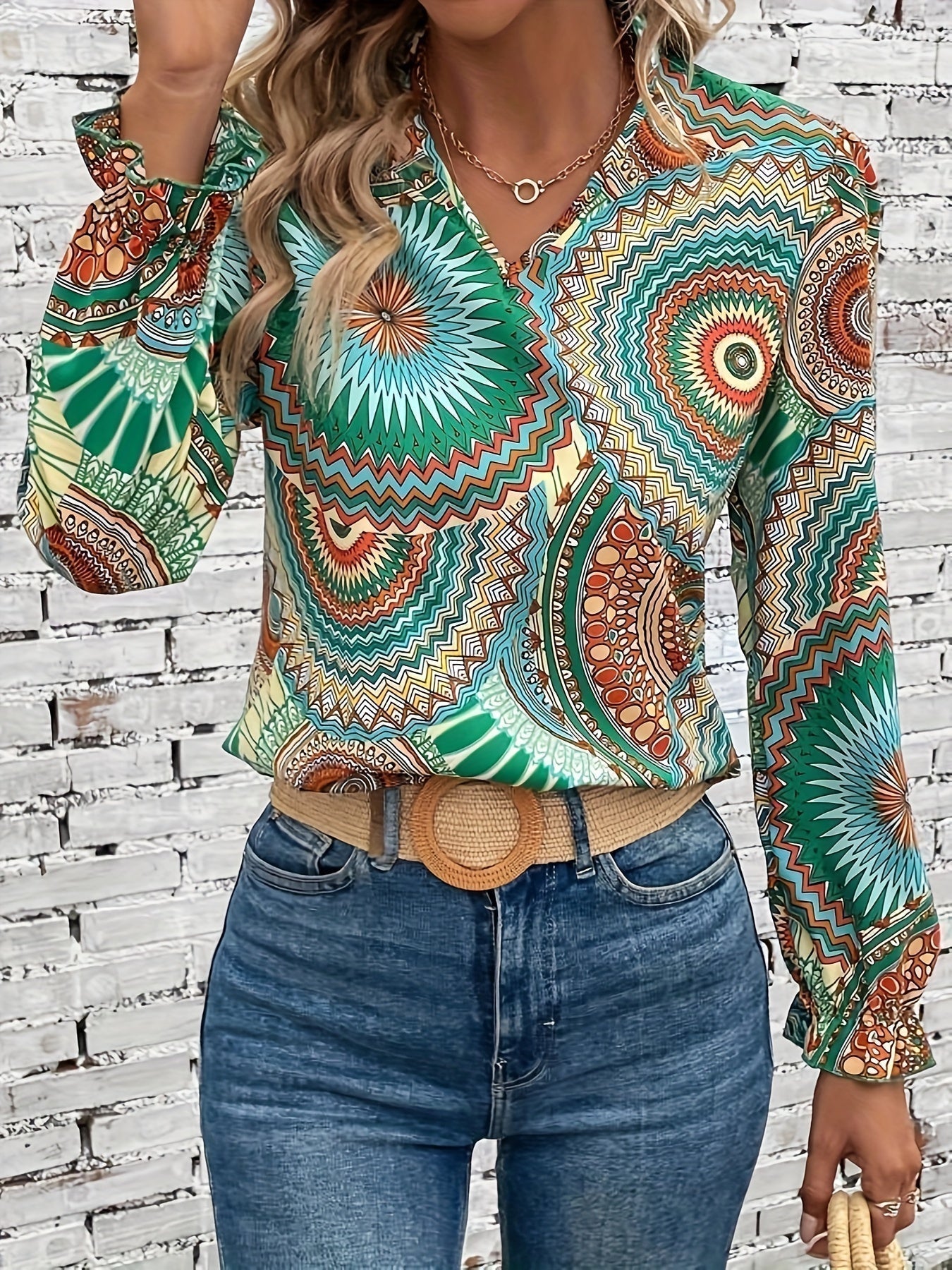 Iowana - Blouse vintage col cranté et imprimé mandala