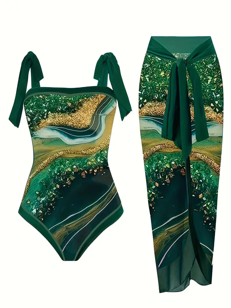 Elegant zwempak & rok met marmerprint in één stuk